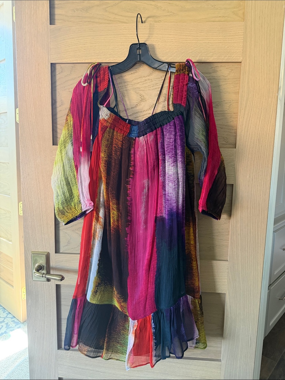 Anthropologie Multicolor Off-Shoulder Boho Tunic - Pink, Purple, Green, Red